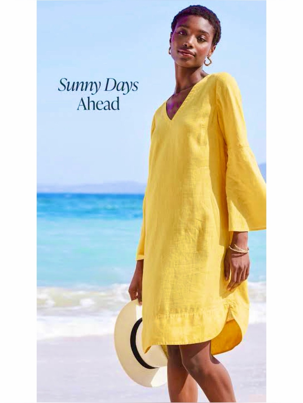 Soft Surroundings Yellow Linen Tunic Shift Dress Bell Sleeve